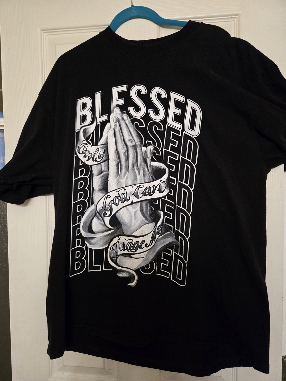 Only God Cqn Judge Me. Blessed. Graphic Prayer Hands Tee - Black